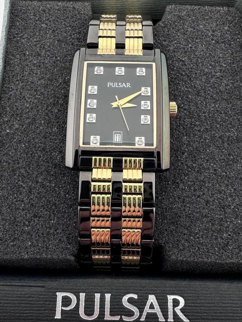 Pulsar Tank Watch Black Gold Swarovski NOS Box Papers